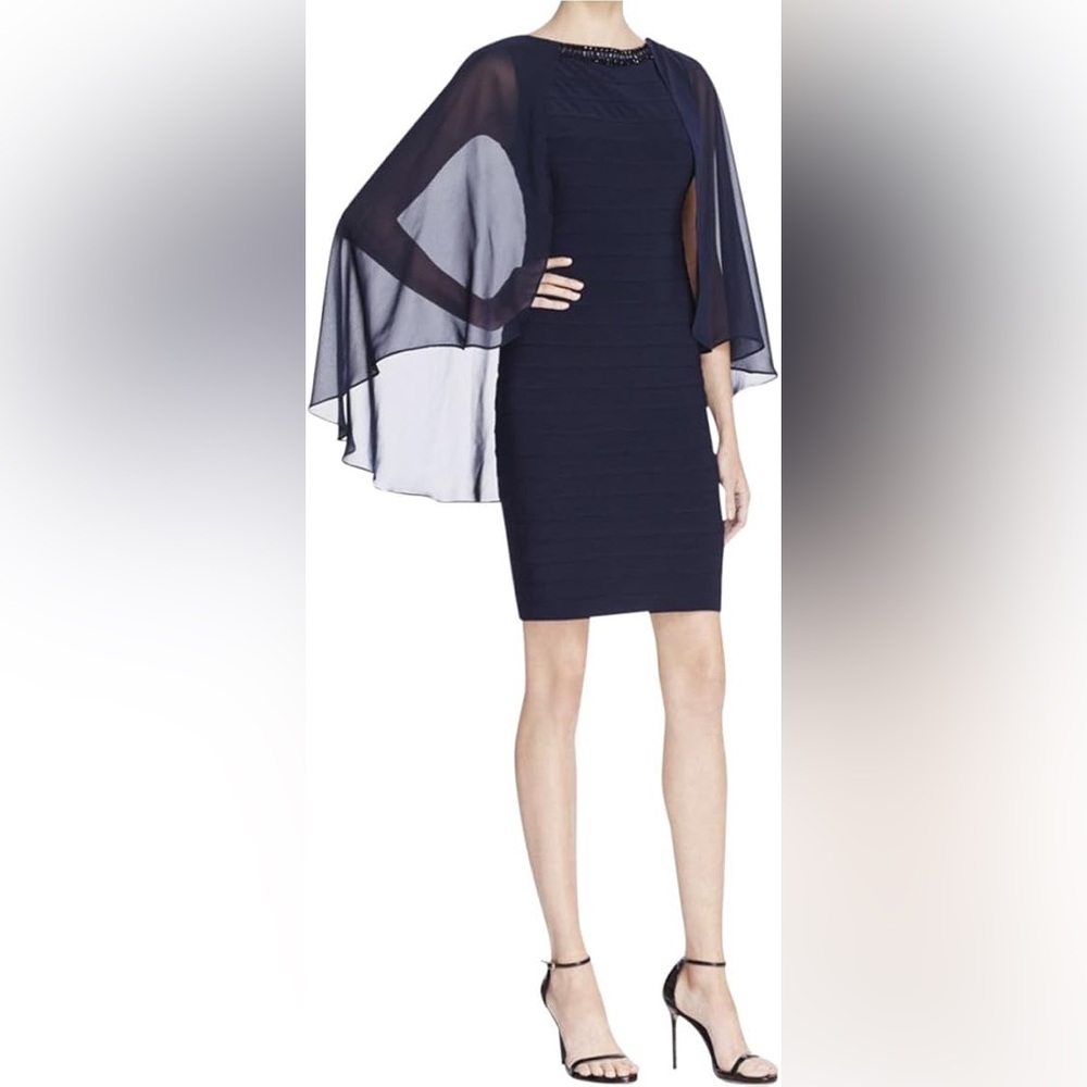 Adrianna Papell Banded Sheath Dress with Chiffon Cape